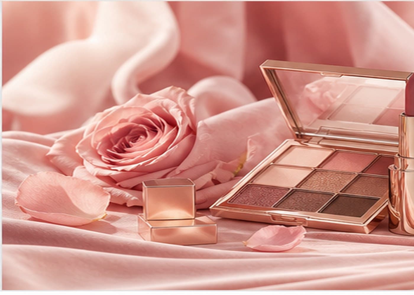 Ekana Cosmetics glosses, liners, and beauty products arranged on pink silk